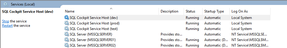 Windows Services showing SQL Cockpit Service Host instances for dev, prod and test, each Running with Automatic startup.